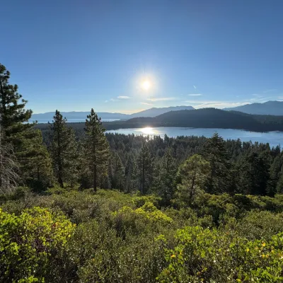 Trees and greenery with lake, mountains and sun in the distance