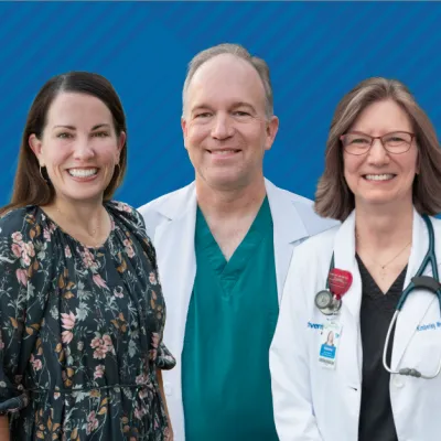 A graphic that reads "AdventHealth Redmond 2025 Medical Staff Award Winners." It features photos of three smiling people: two women, one with dark brunette hair and one with light brown hair, and a man with light colored hair.