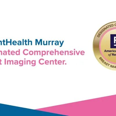 A white, pink, and blue graphic that reads "AdventHealth Murray designated Comprehensive Breast Imaging Center." The graphic features a badge that reads the same. 