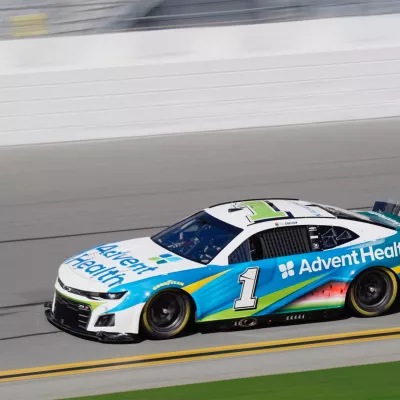 No. 1 AdventHealth Chevrolet Camaro driven by Ross Chastain at a NASCAR Cup Series race.