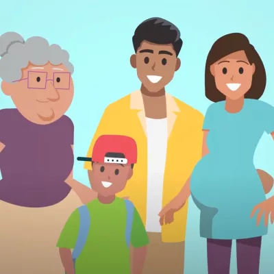 A cartoon-style image of a happy family.