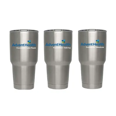 Three AdventHealth insulated metal cups