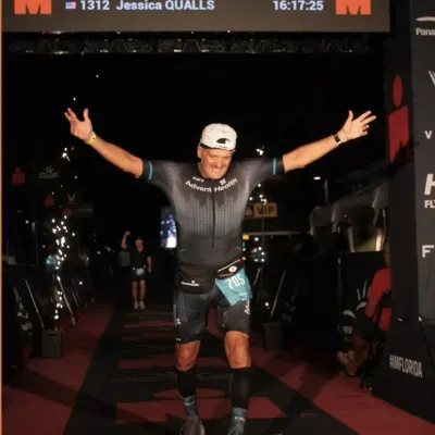 Darin Santangelo reaches the Ironman finish line.