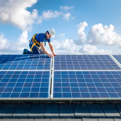 A Worker Wearing a Hard Hat Puts the Finishing Touches on a Solar Panel Install