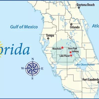 Map of Florida with Sebring, Avon Park, and Wauchula starred