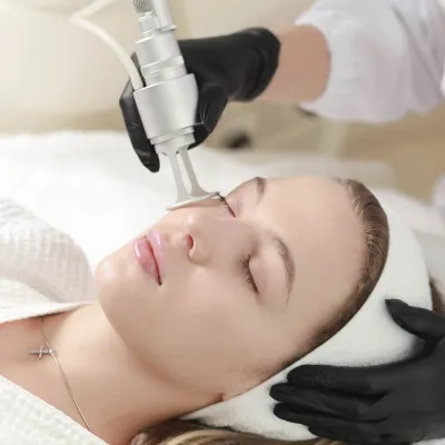 A woman receiving laser treatments on her face.