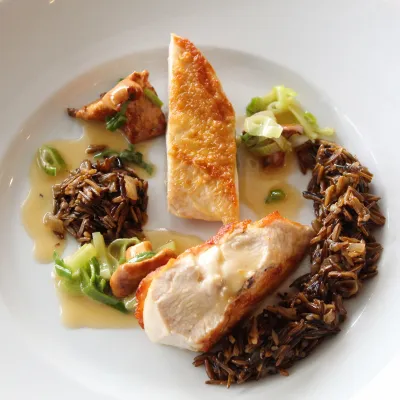 Pan-Roasted Chicken Breast with wild rice, leeks and mushrooms