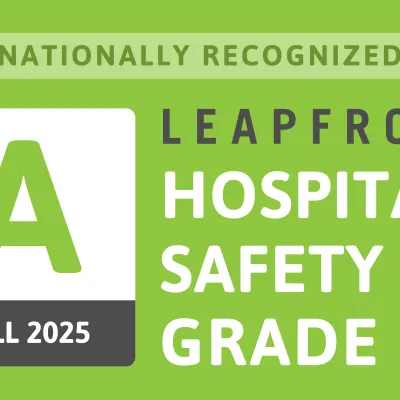 A grapgic that reads "Nationally Recognized A Fall 2025 Leapfrog Hospital Safety Grade"
