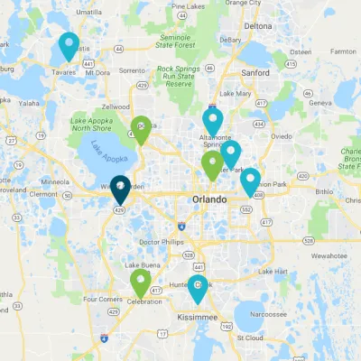 Map of Central florida with location pins in blue and green