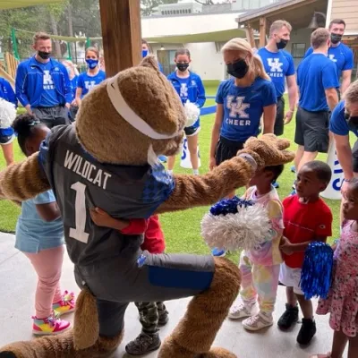 University of Kentucky Wildcat greets preschoolers at AdventHealth's West Lakes Early Learning Center in Orlando.