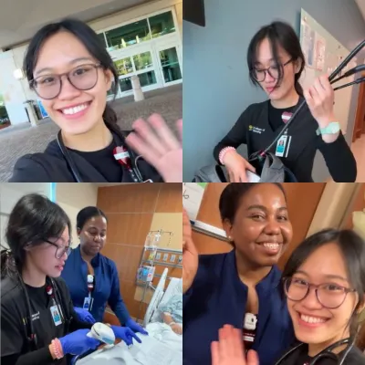 Photos of a UCF nursing student training at AdventHealth.