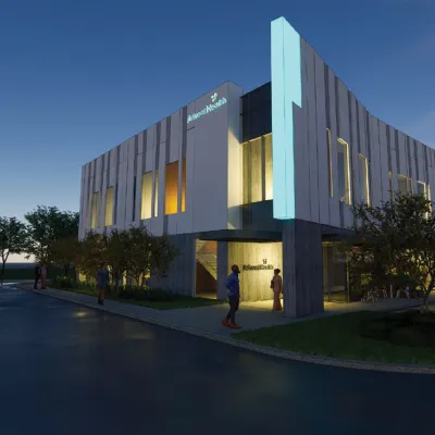 Rendering of AdventHealth Care Pavilion Westchase at night.