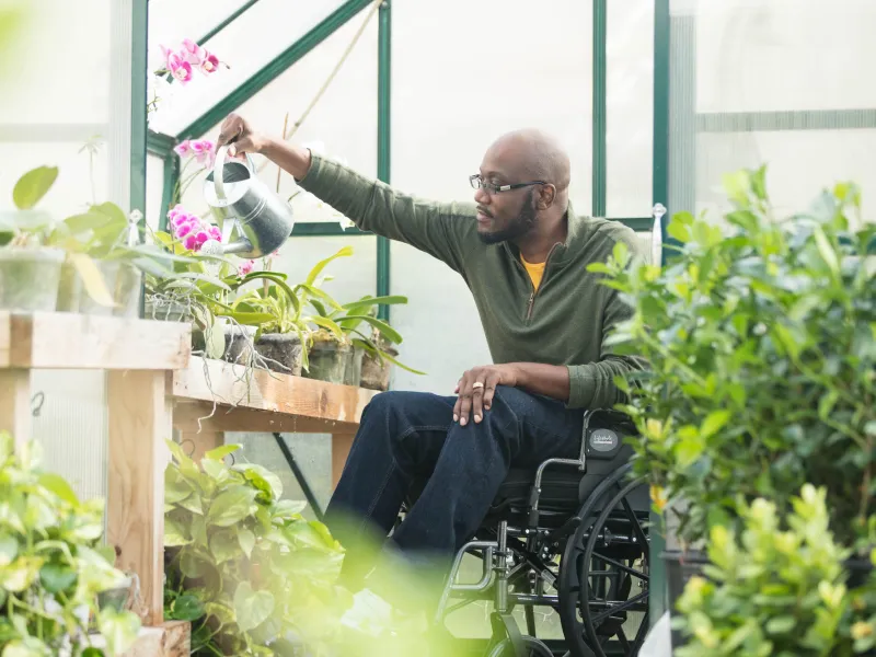 A young man in a wheelchair waters flowers in a greenhouse