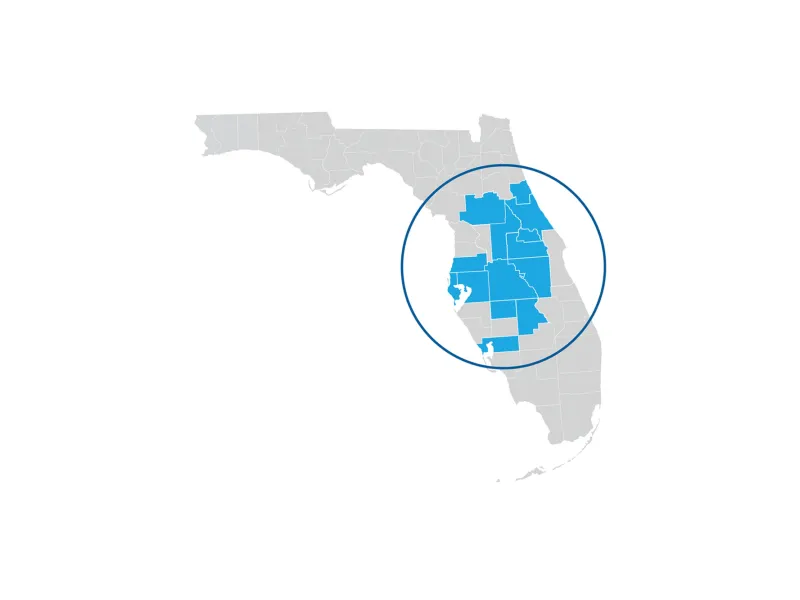 map of Florida with network counties highlighted in blue and enclosed by a circle