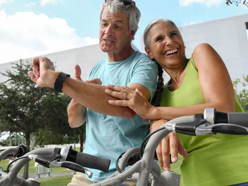 Senior couple on a bike ride.