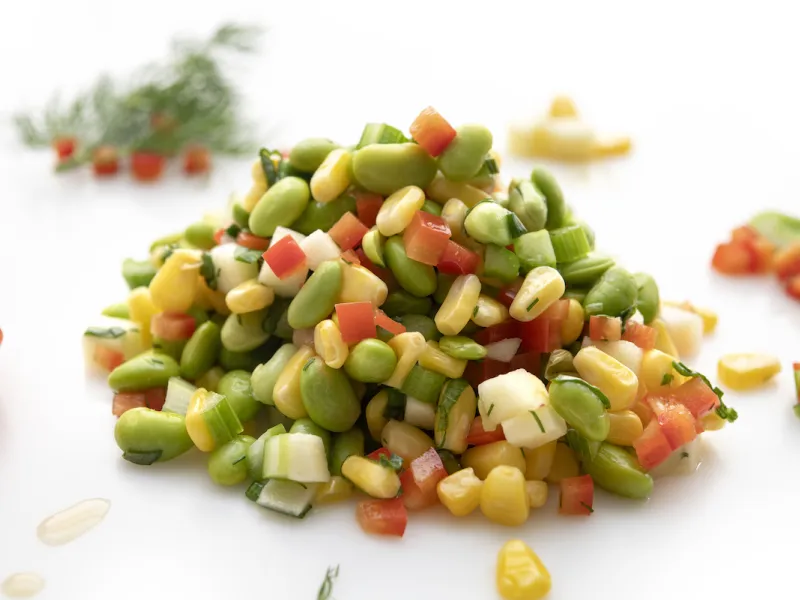 Mound of edamame corn salad on white surface
