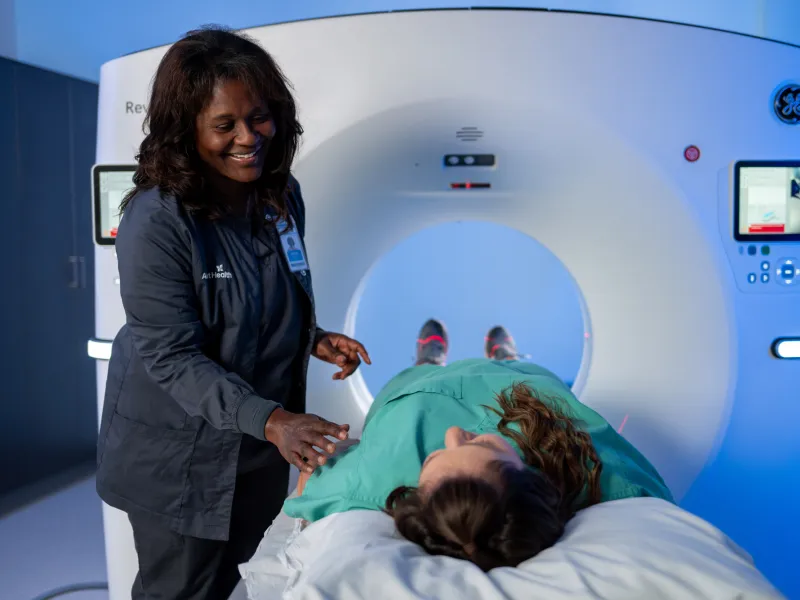 Woman about to get a CT scan.