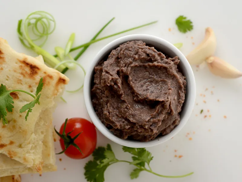 mashed black beans in a bowl, surrounded by tomatoes, bread, garlic and herbs