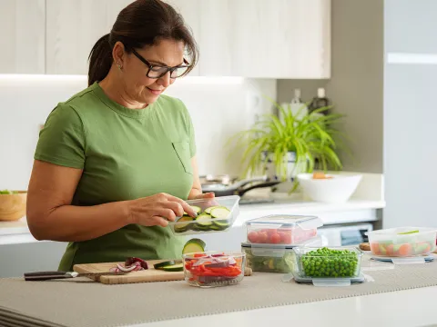 A woman preparing food in the kitchen.