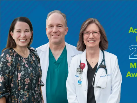 A graphic that reads "AdventHealth Redmond 2025 Medical Staff Award Winners." It features photos of three smiling people: two women, one with dark brunette hair and one with light brown hair, and a man with light colored hair.