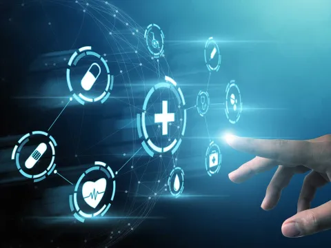 A person touching a virtual reality button