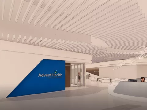 AdventHealth blue wall in lobby rendering of New Tampa Care Pavilion 