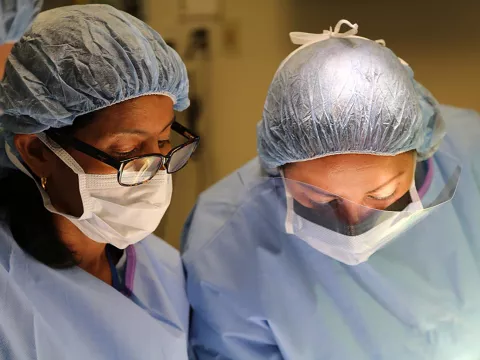 Students at AdventHealth Nicholson Center practicing surgical skills.