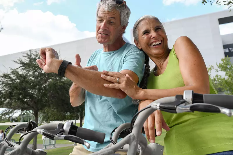 Senior couple on a bike ride.