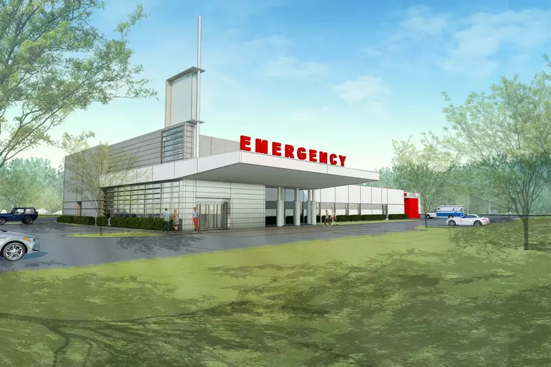 Drawn rendering of a Emergency Room building--white with red Emergency letters, surrounded by green space.
