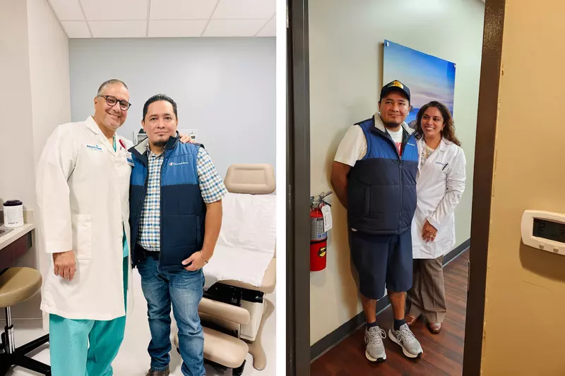 Colorectal cancer patient Alfredo Altamirano with Dr. Norbert Garcia-Henriquez and Dr. Sarah George.