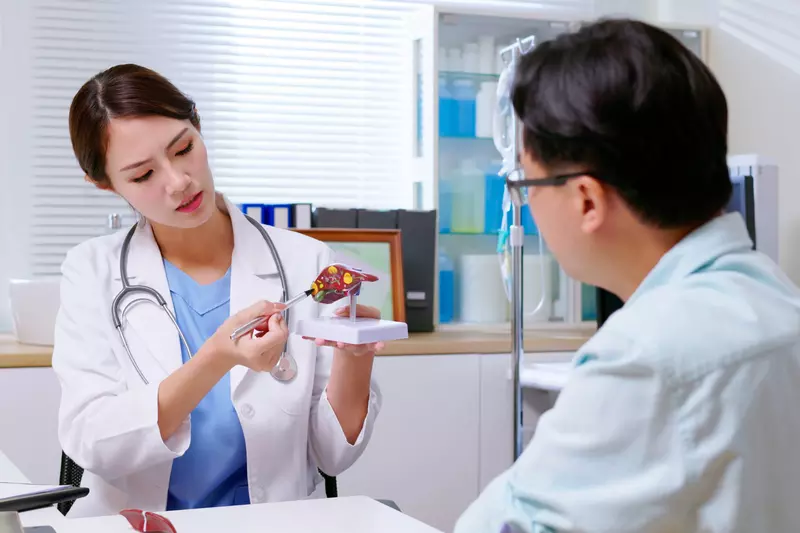 Doctor holding medical model talking to patient