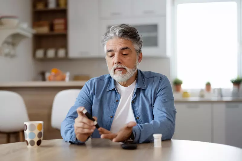 Man sitting in a kitchen using a glucose monitor.