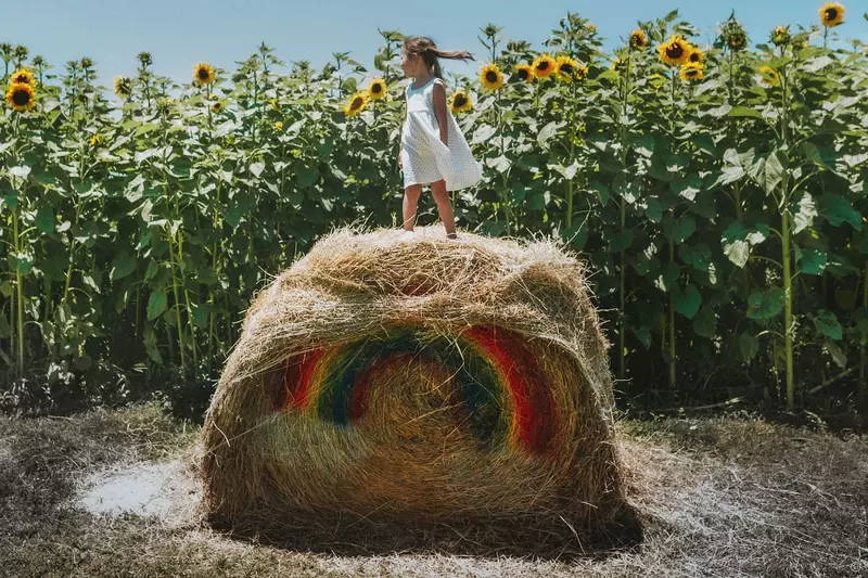 A little girl standing on top of a bale of hay in a field of sunflowers.