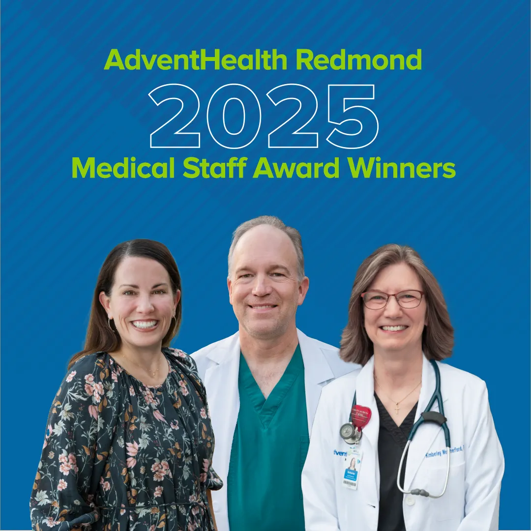 A graphic that reads "AdventHealth Redmond 2025 Medical Staff Award Winners." It features photos of three smiling people: two women, one with dark brunette hair and one with light brown hair, and a man with light colored hair.