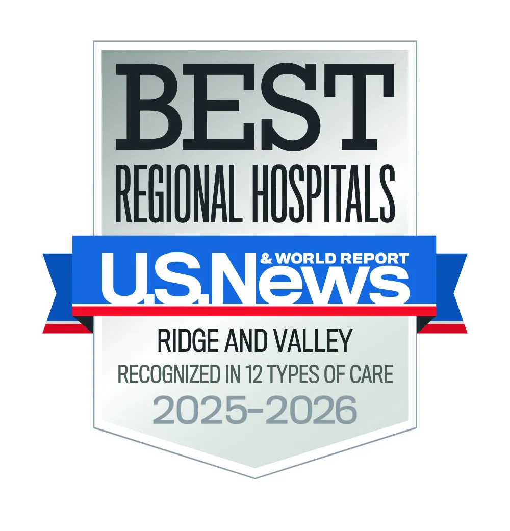A badge that reads "Best Regional Hospitals: U.S. News and World Report — Ridge and Valley, Recognized in 12 Types of Care 2025-2026