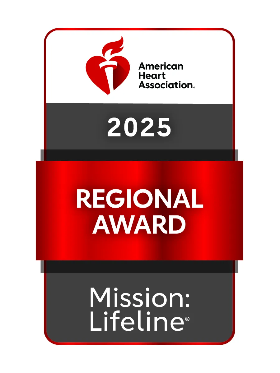 A grey, red and white badge that reads: American Heart Association Regional Award - Mission: Lifeline