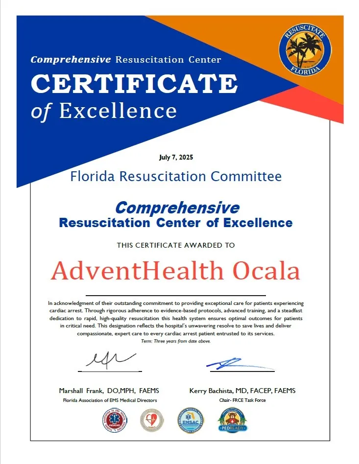 AdventHealth Ocala has been recognized as a Comprehensive Florida Resuscitation Center of Excellence, one of only three in the entire state to earn this distinction.