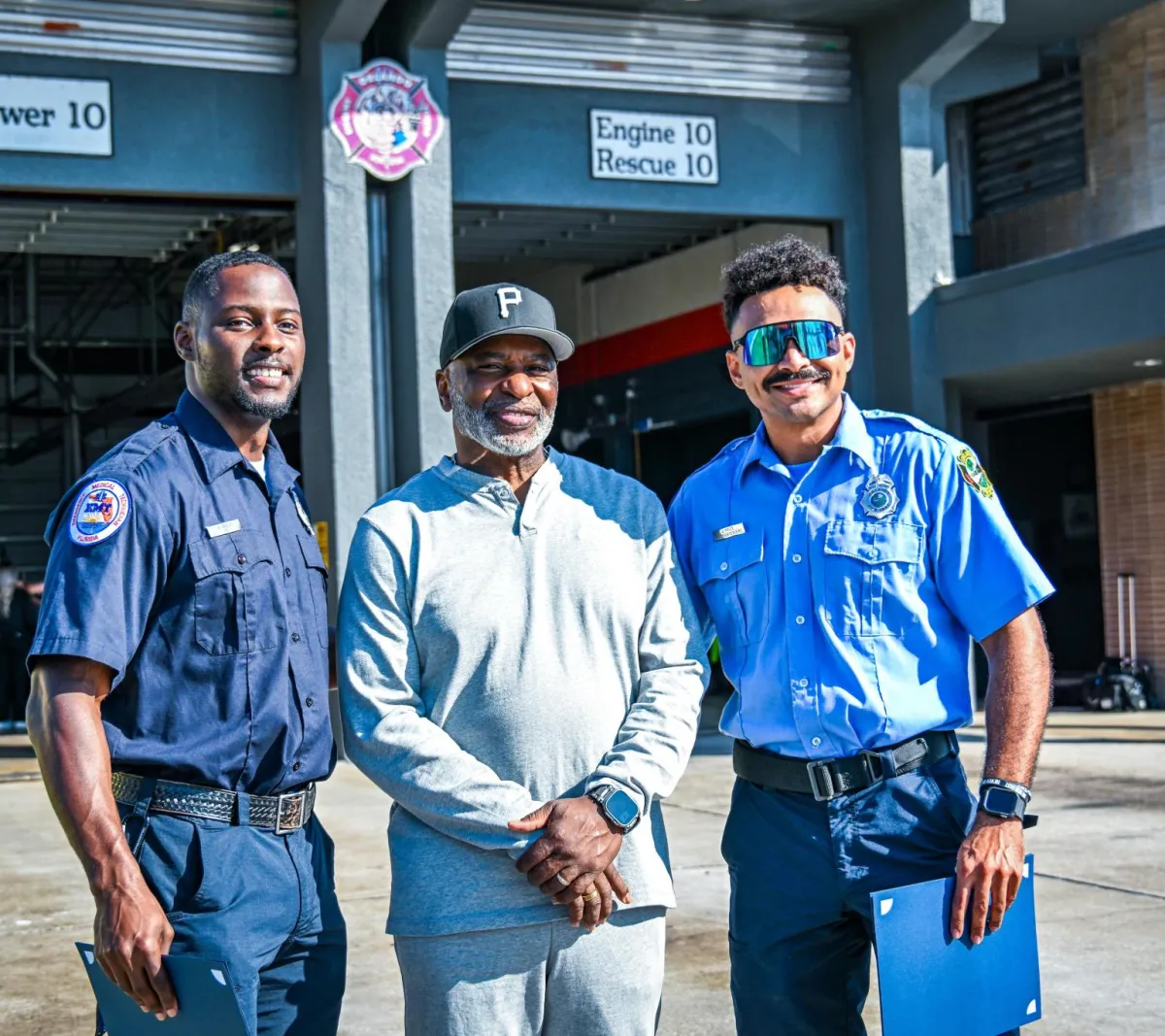 Lorenzo Davis meeting with the first responders who helped save his life.
