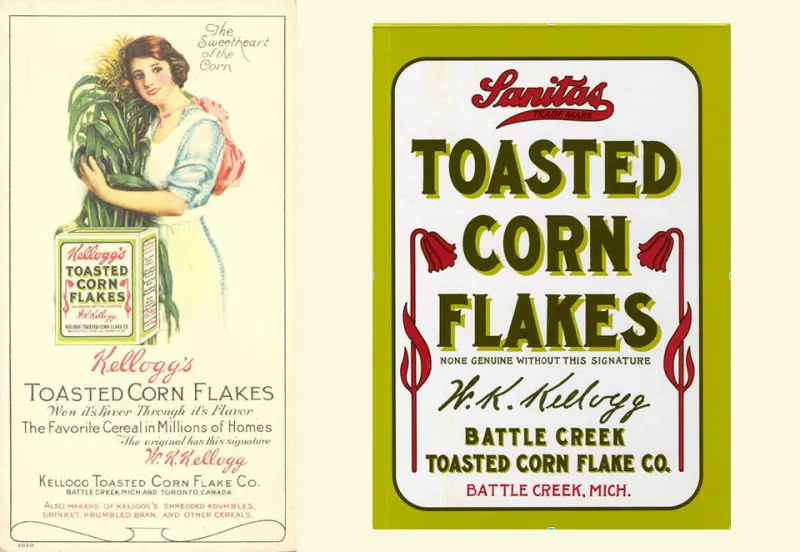 Ad for Kellogg's toasted corn flakes and front box design of Sanita's Toasted Corn Flakes.