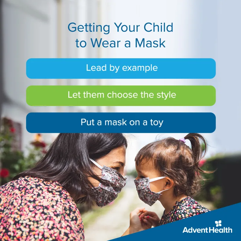 Social Media Graphic Available for Download of Mother and Daughter and tips for getting children to wear masks