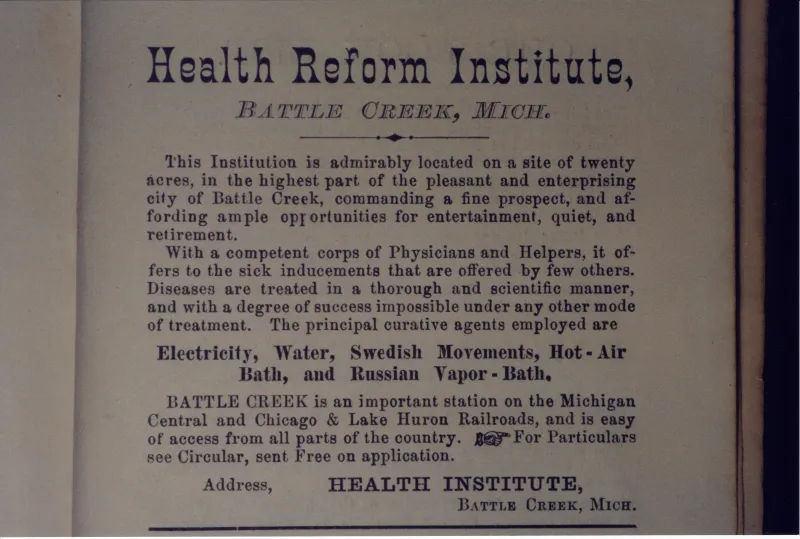 An ad for Health Reform Institute in Battle Creek, Michigan.